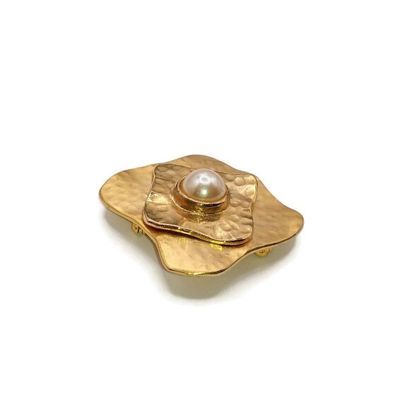Gold Tone Square Metal Brooch with Faux Pearl Cabochon - Picture 3 of 5